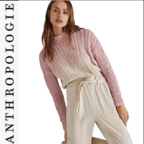 Final Price NWT Anthropologie Marci Dip dyed Cable knit Sweater pink/cr Ombre S - Picture 2 of 11